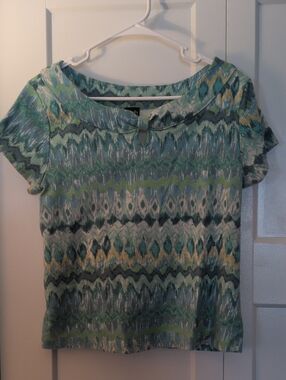Rafaella Teal and Green Patterned Short Sleeve Top